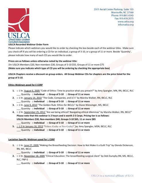 the USLCA recorded webinar order form