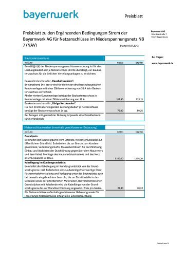 Preisblatt Preisblatt zu den Ergänzenden ... - E.ON Bayern