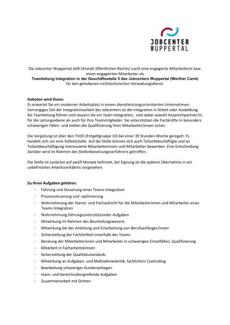 Stellenausschreibung: Teamleitung Integration - Jobcenter Wuppertal