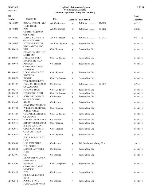 Senate Sponsor's bills - Illinois General Assembly