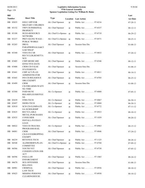 Senate Sponsor's bills - Illinois General Assembly