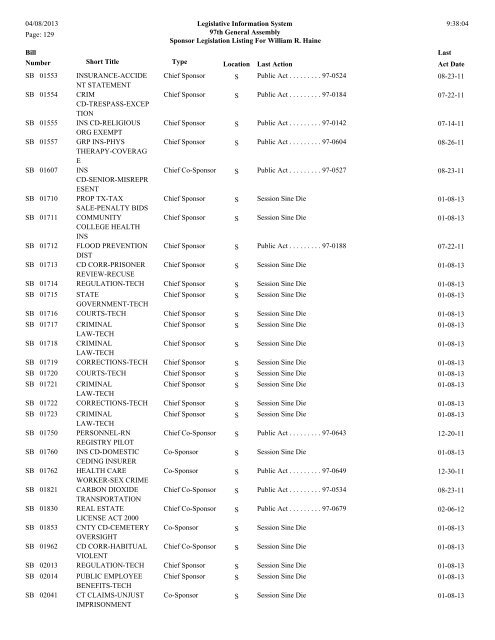 Senate Sponsor's bills - Illinois General Assembly