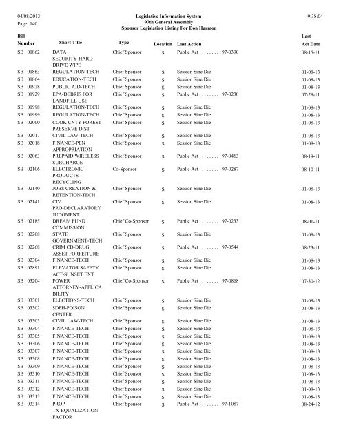 Senate Sponsor's bills - Illinois General Assembly