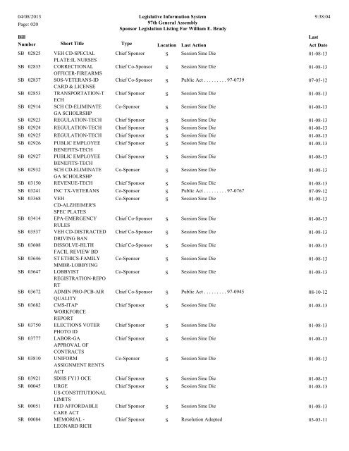 Senate Sponsor's bills - Illinois General Assembly