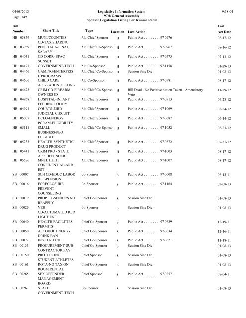 Senate Sponsor's bills - Illinois General Assembly