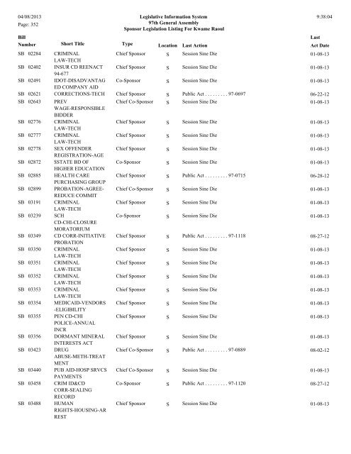 Senate Sponsor's bills - Illinois General Assembly