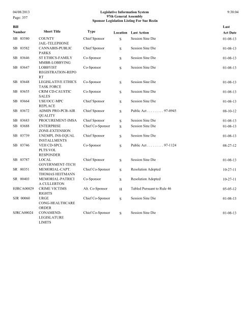 Senate Sponsor's bills - Illinois General Assembly