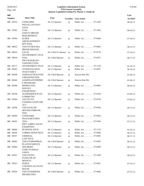 Senate Sponsor's bills - Illinois General Assembly