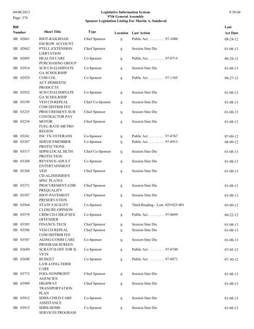 Senate Sponsor's bills - Illinois General Assembly