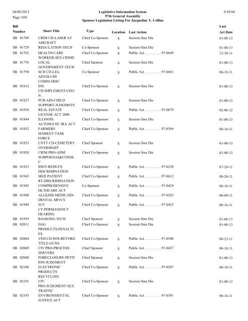 Senate Sponsor's bills - Illinois General Assembly