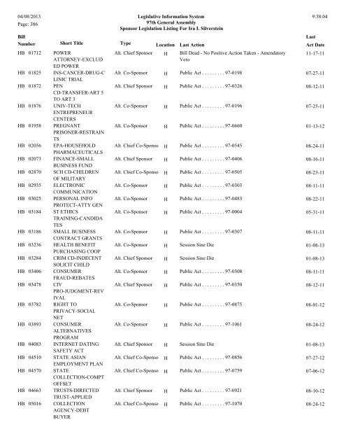 Senate Sponsor's bills - Illinois General Assembly