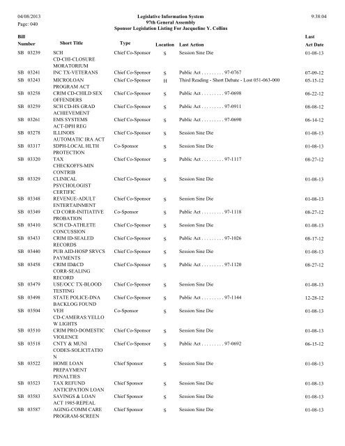 Senate Sponsor's bills - Illinois General Assembly