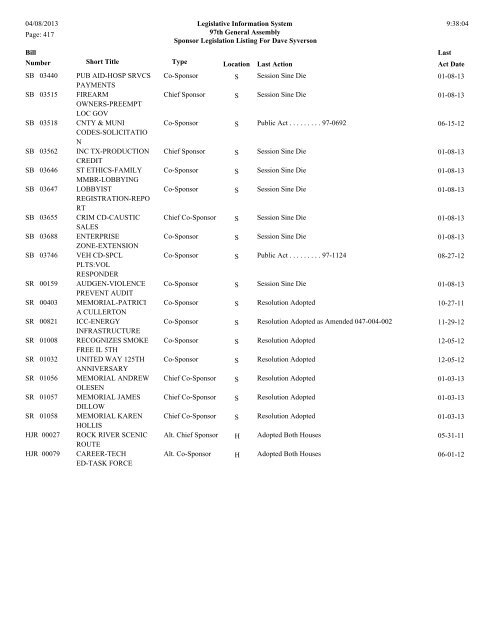 Senate Sponsor's bills - Illinois General Assembly