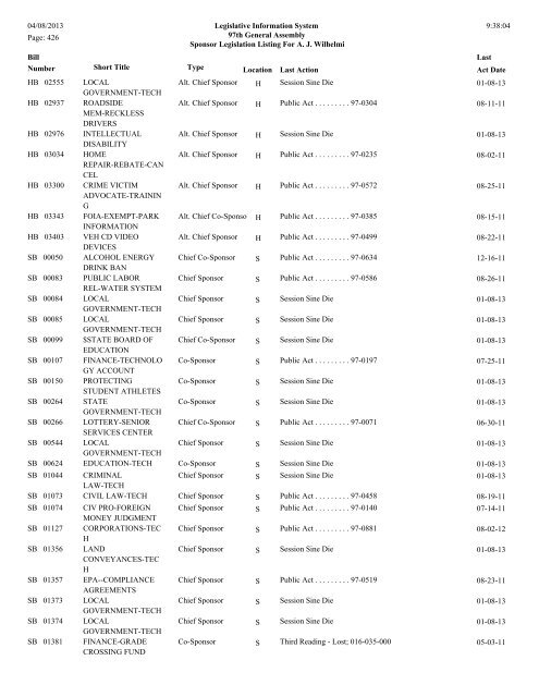 Senate Sponsor's bills - Illinois General Assembly