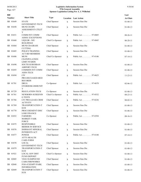 Senate Sponsor's bills - Illinois General Assembly