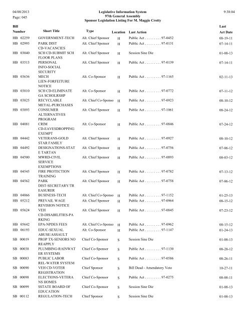 Senate Sponsor's bills - Illinois General Assembly