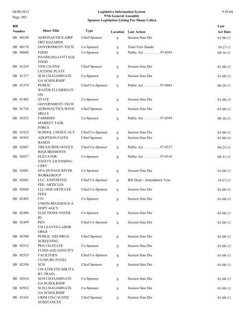 Senate Sponsor's bills - Illinois General Assembly