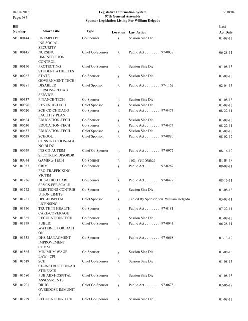 Senate Sponsor's bills - Illinois General Assembly