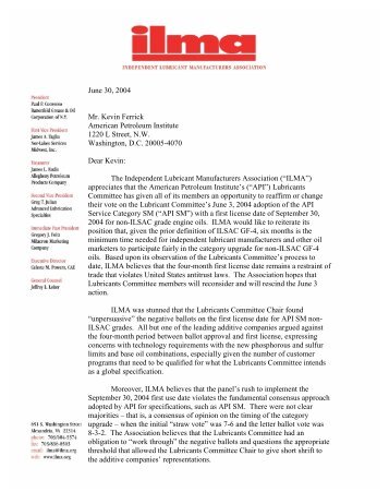 ILMA Letter to Kevin Ferrick (API) - Independent Lubricant ...