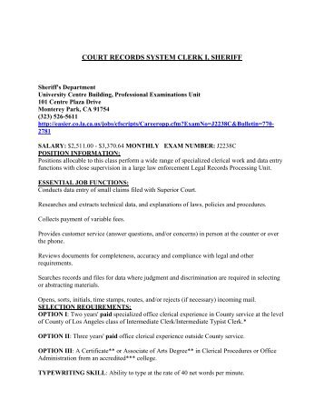 COURT RECORDS SYSTEM CLERK I, SHERIFF