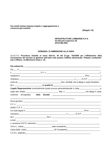 Fac-simile istanza impresa singola o raggruppamento o consorzio ...