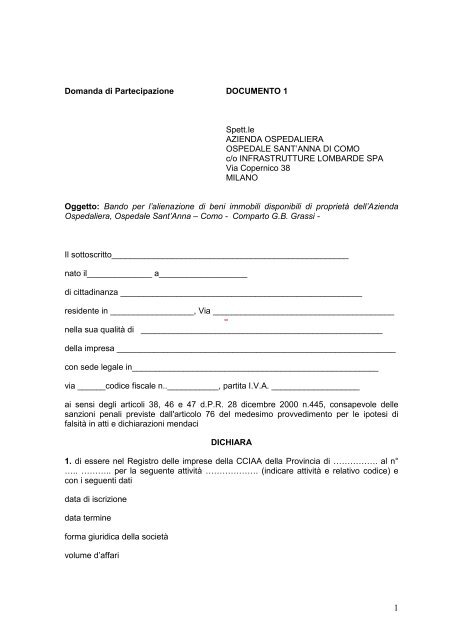 Domanda di Partecipazione DOCUMENTO 1 Spett.le AZIENDA ...