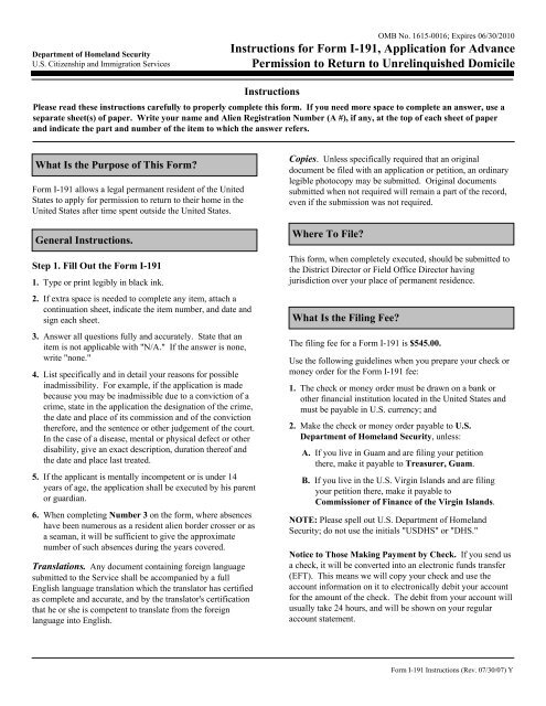 Program 191 Instructions for Form I-191, Application for Advance ... - ILW.com