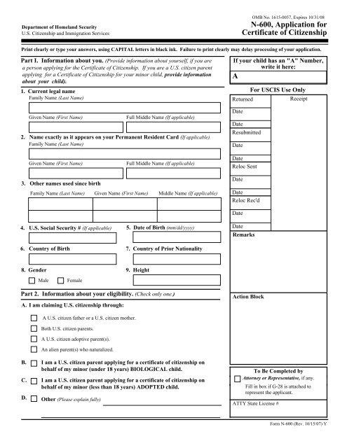 A N-600, Application for Certificate of Citizenship 