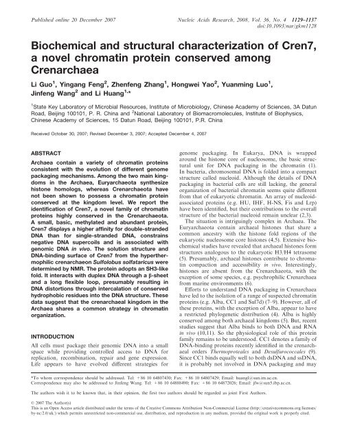 Biochemical and structural characterization of Cren7, a novel ...