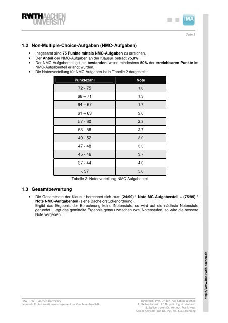 1. Klausurbewertung - IMA,ZLW & IfU - RWTH Aachen University