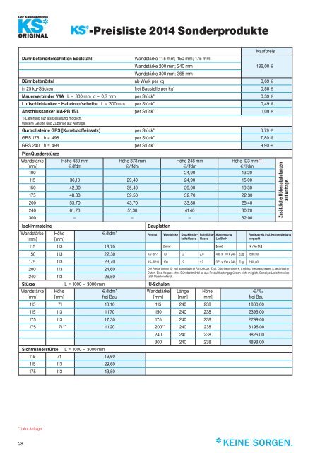 Technisches Datenblatt Preisliste 2013 Preisliste 2014