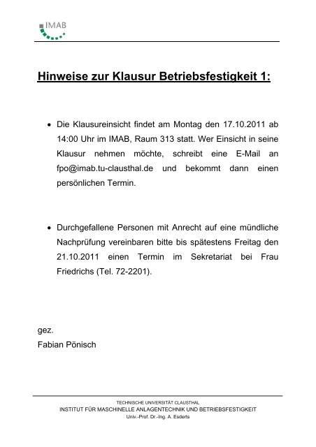 Hinweise zur Klausur Betriebsfestigkeit 1: - Institut fÃ¼r Maschinelle ...