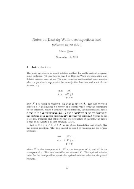 Notes on Dantzig-Wolfe decomposition and column generation
