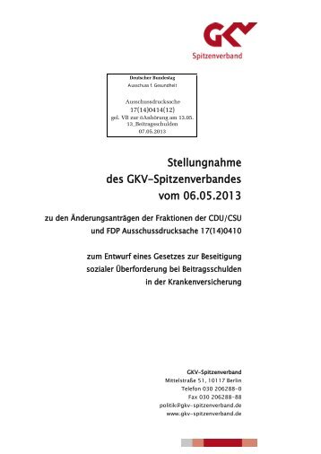 Stellungnahme des GKV-Spitzenverbandes vom 06.05.2013