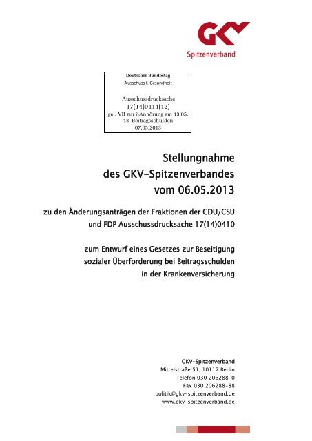 Stellungnahme des GKV-Spitzenverbandes vom 06.05.2013