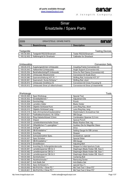 Sinar Spare Parts List 2009 - image2output - Support