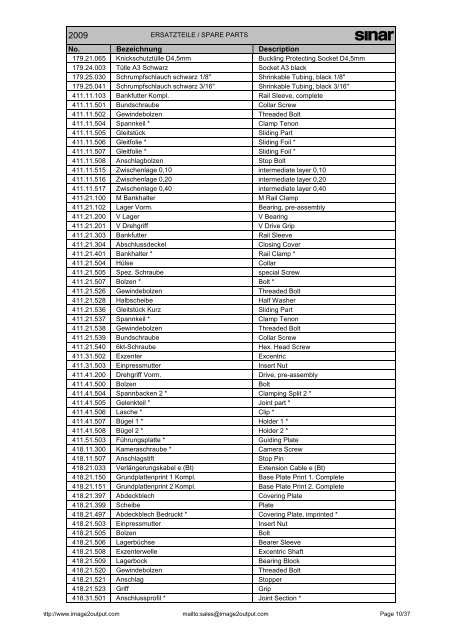 Sinar Spare Parts List 2009 - image2output - Support