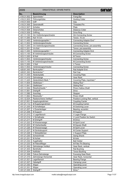 Sinar Spare Parts List 2009 - image2output - Support