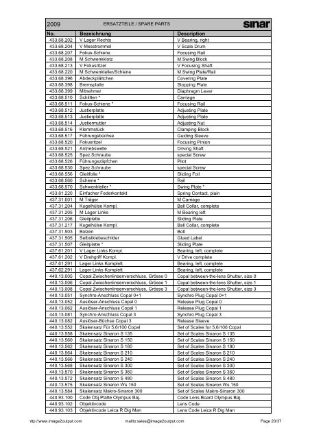 Sinar Spare Parts List 2009 - image2output - Support