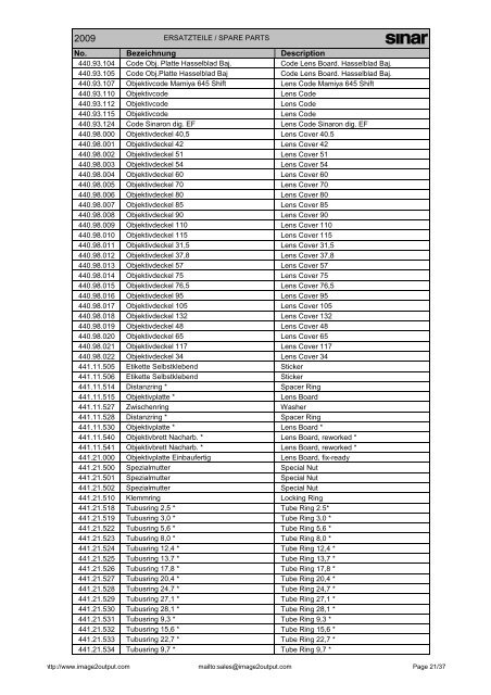 Sinar Spare Parts List 2009 - image2output - Support