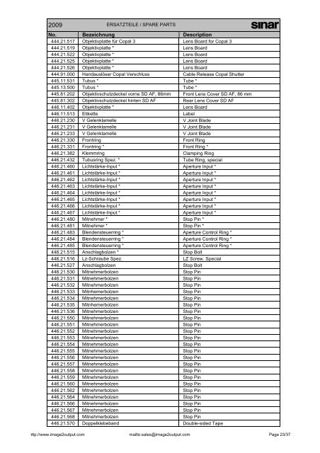 Sinar Spare Parts List 2009 - image2output - Support