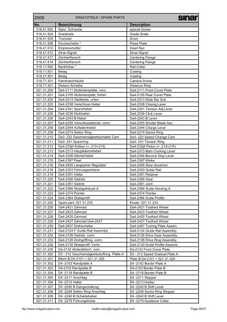 Sinar Spare Parts List 2009 - image2output - Support