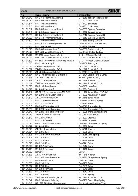 Sinar Spare Parts List 2009 - image2output - Support