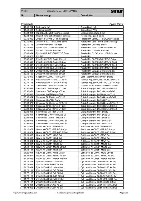 Sinar Spare Parts List 2009 - image2output - Support