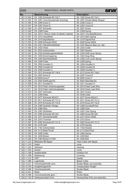 Sinar Spare Parts List 2009 - image2output - Support