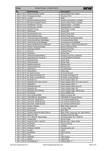 Sinar Spare Parts List 2009 - image2output - Support