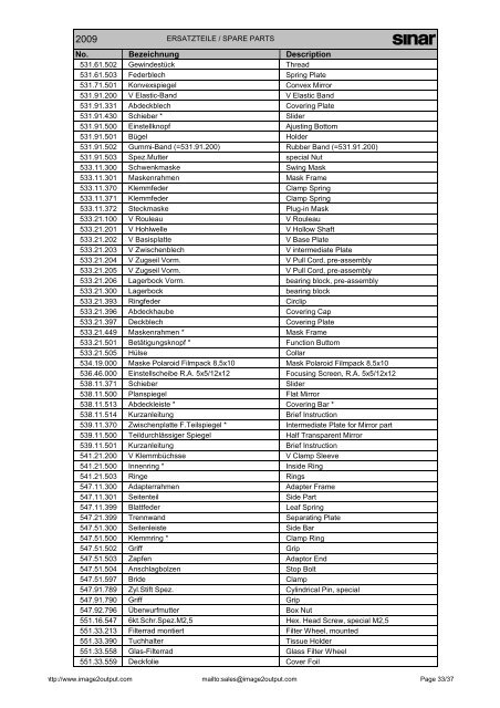 Sinar Spare Parts List 2009 - image2output - Support