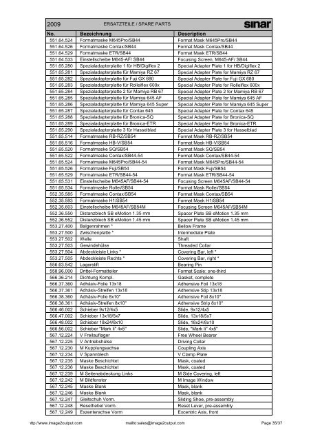 Sinar Spare Parts List 2009 - image2output - Support