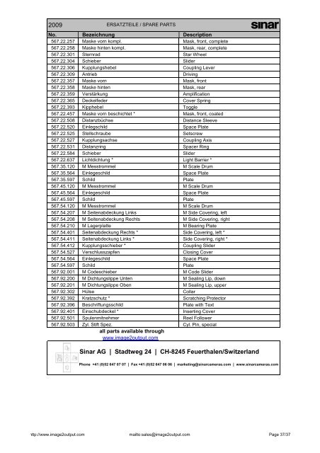 Sinar Spare Parts List 2009 - image2output - Support