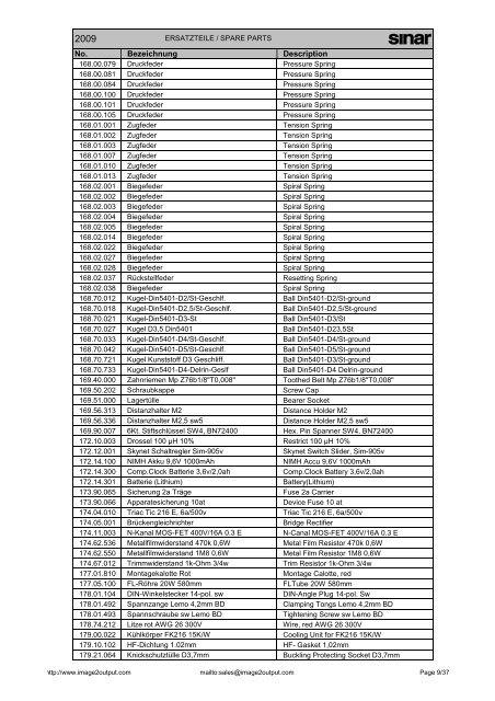 Sinar Spare Parts List 2009 - image2output - Support